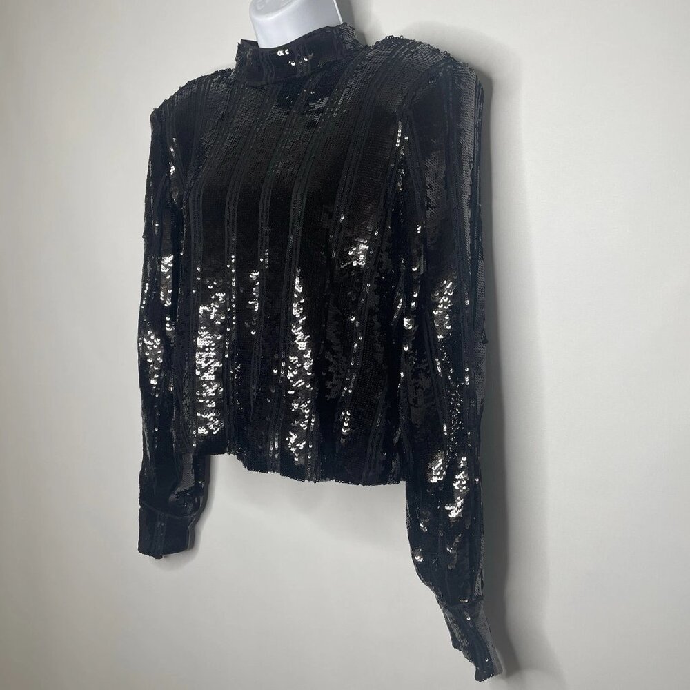 Express Black Sequin Statement Blouse Top Size S Mock Neck Padded Shoulders - Picture 7 of 8